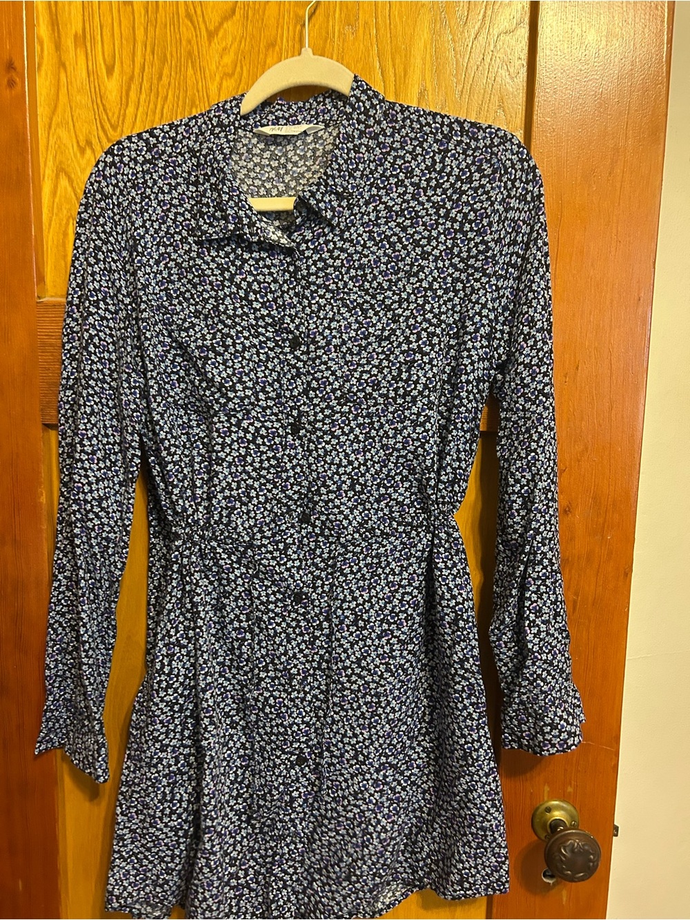 H&M Navy Blue Floral Button-Front Long Sleeve Dress